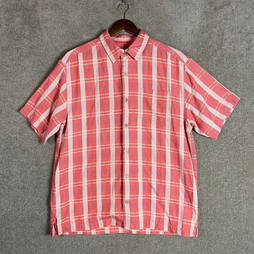 Tommy Bahama Shirt Mens Medium M Pink/White Plaid Short Sleeve Silk Blend Casual - Picture 2 of 10
